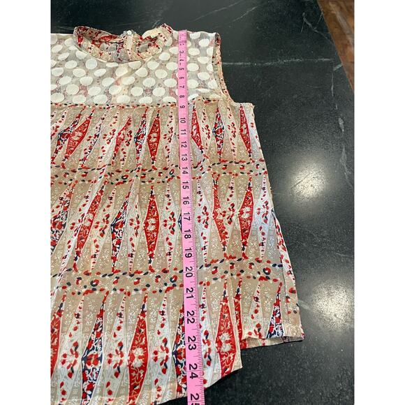 Tulle short sleeved top Medium Tan/Navy/Red colors beautiful tulle insert - Picture 12 of 14